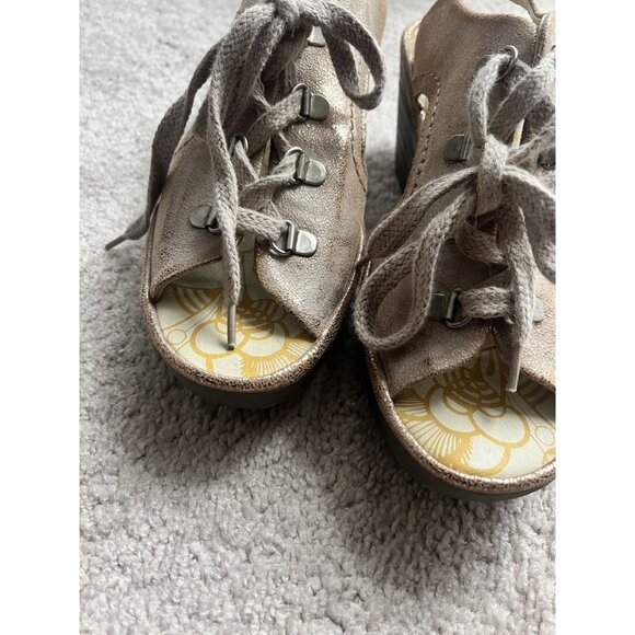 Fly London Flfa Womens Tan Leather lace Up Wedge Peep Toe Sandals size 9 Boho - Picture 2 of 8